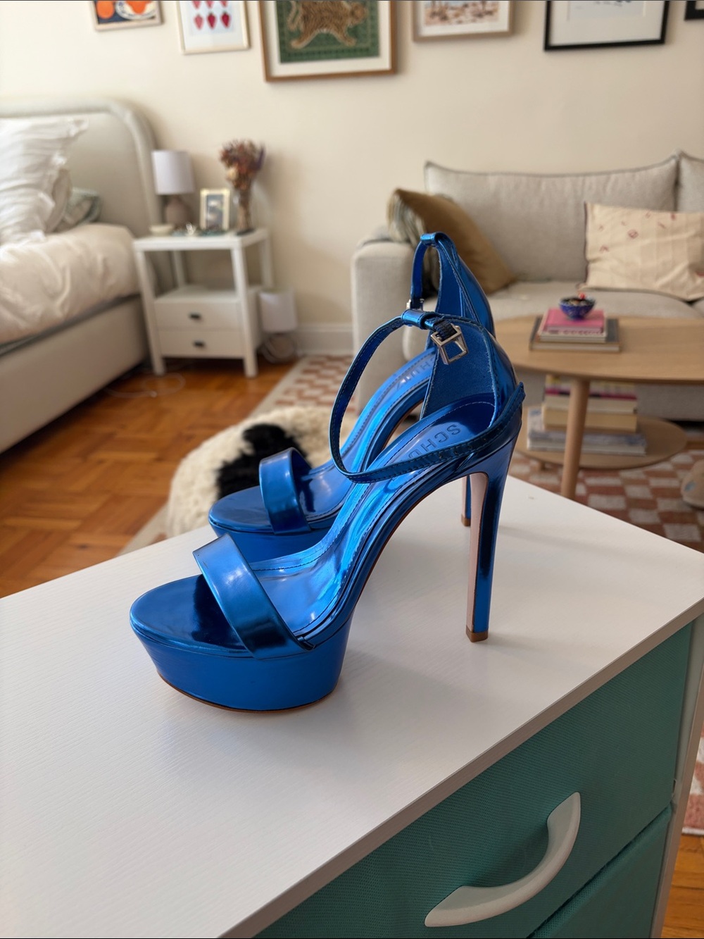 SCHUTZ Metallic Electric Blue Platform Stiletto Sandals